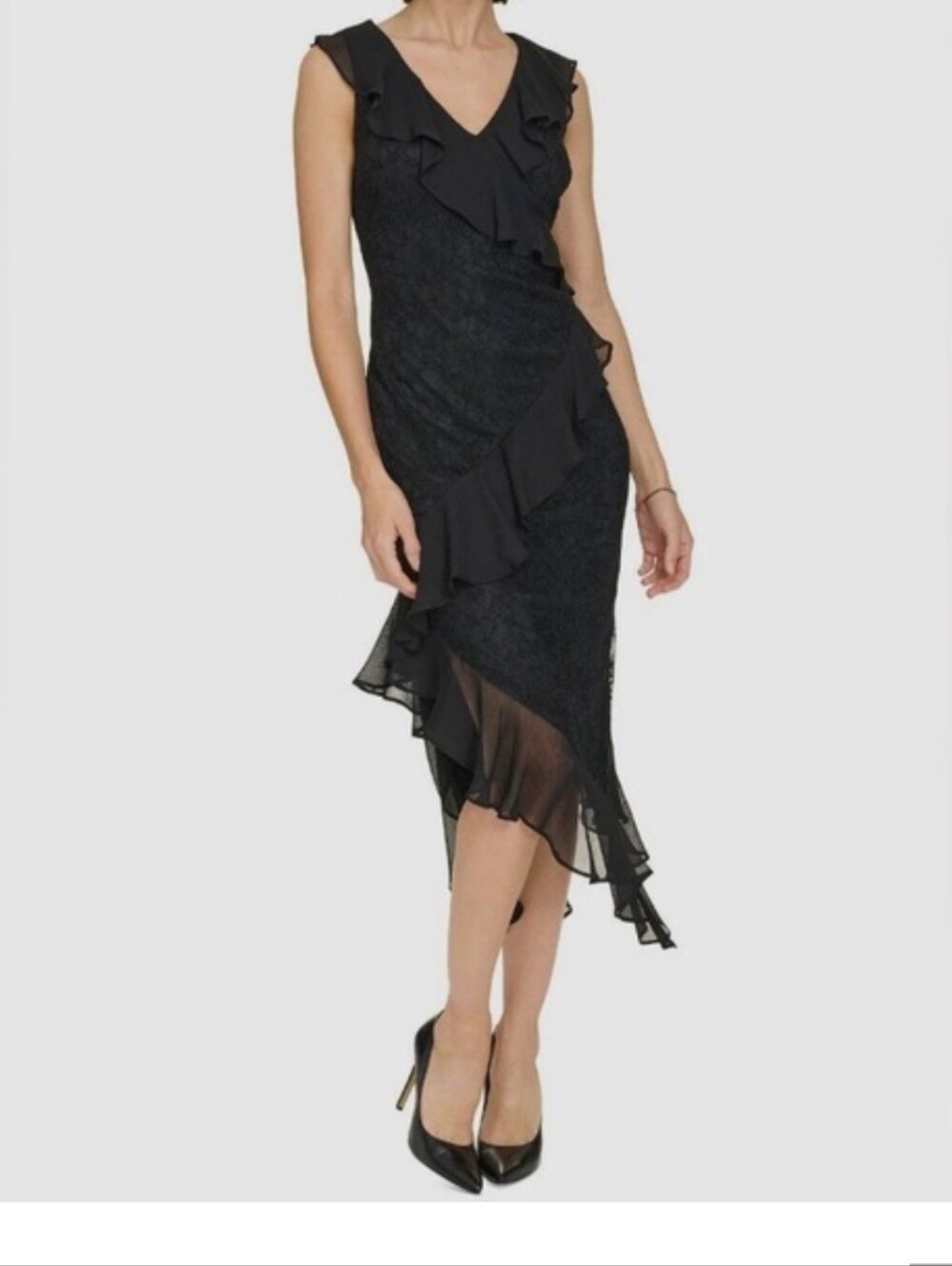 Tommy Hilfiger Black Lace Ruffle Midi Dress Womens Size 16 Sleeveless Formal NWT